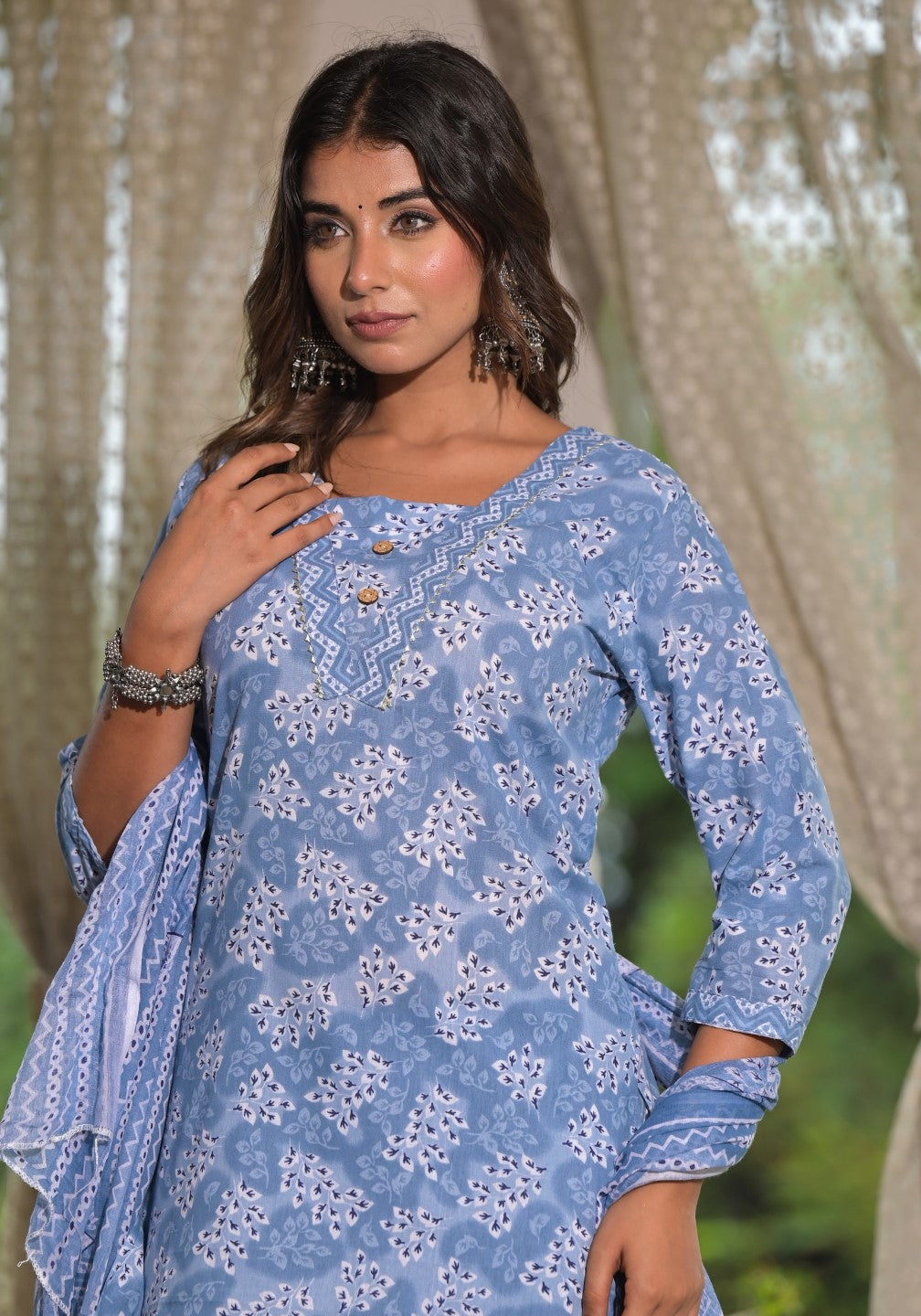 Juniper Women's Sky Blue Ethnic Motif Printed Cotton Kurta, Pant And Dupatta Set With Buttons & Lace 