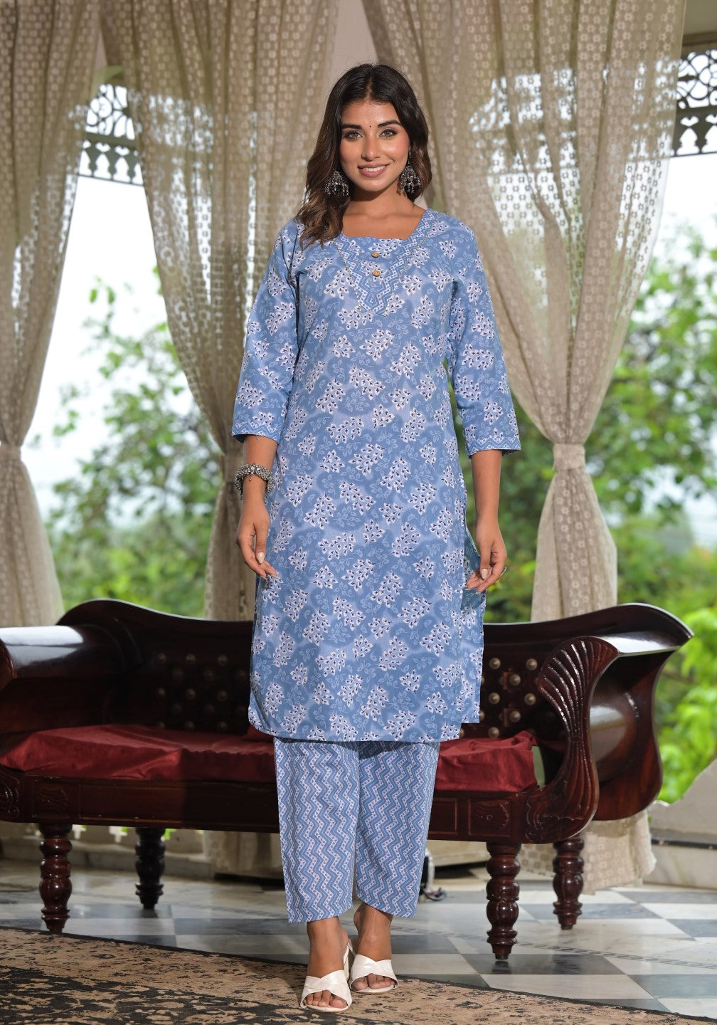 Juniper Women's Sky Blue Ethnic Motif Printed Cotton Kurta, Pant And Dupatta Set With Buttons & Lace 