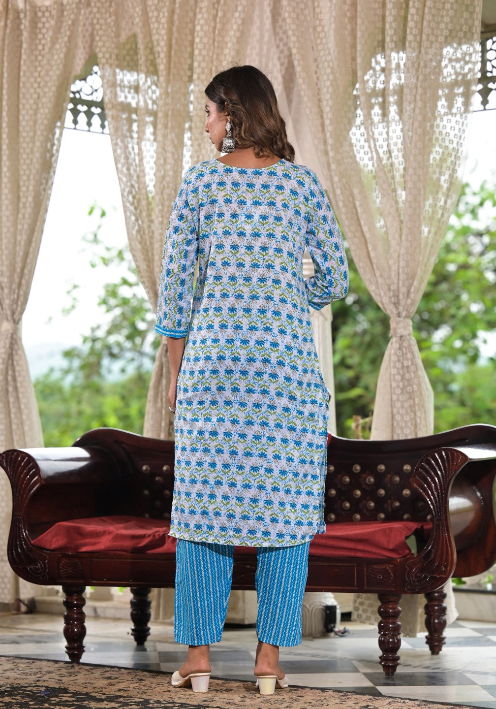 Juniper Women's Sky Blue Ethnic Motif Printed Cotton Kurta, Pant And Dupatta Set With Zari & Mirror Work