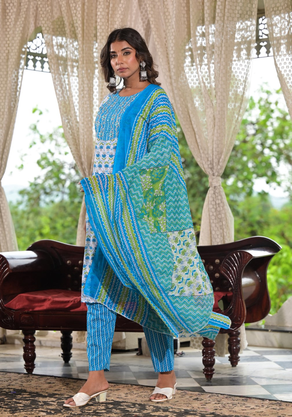 Juniper Women's Sky Blue Ethnic Motif Printed Cotton Kurta, Pant And Dupatta Set With Zari & Mirror Work