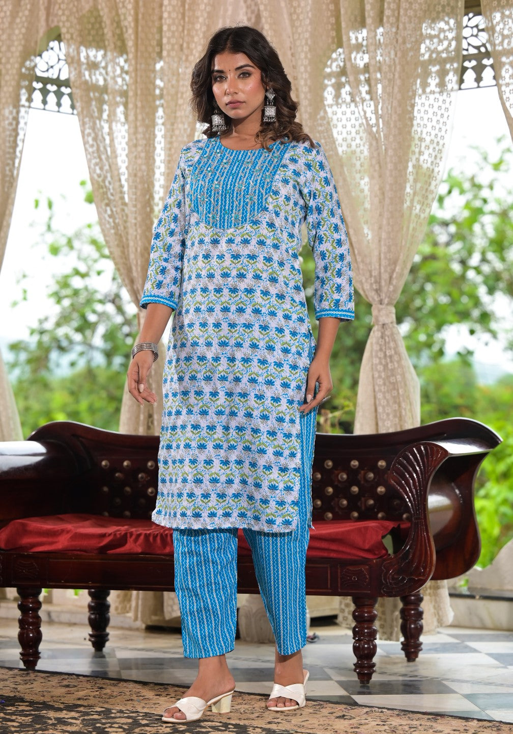 Juniper Women's Sky Blue Ethnic Motif Printed Cotton Kurta, Pant And Dupatta Set With Zari & Mirror Work