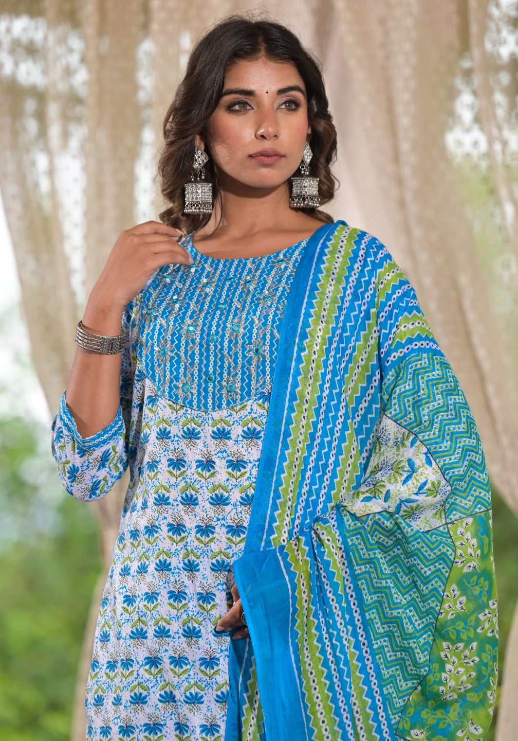 Juniper Women's Sky Blue Ethnic Motif Printed Cotton Kurta, Pant And Dupatta Set With Zari & Mirror Work