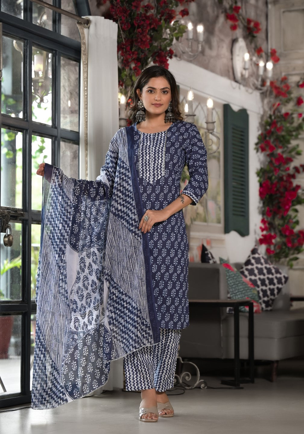 Juniper Women's Blue Ethnic Motif Printed Cotton Kurta, Pant And Dupatta Set With Lace