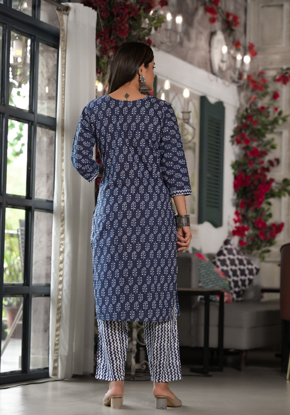 Juniper Women's Blue Ethnic Motif Printed Cotton Kurta, Pant And Dupatta Set With Lace