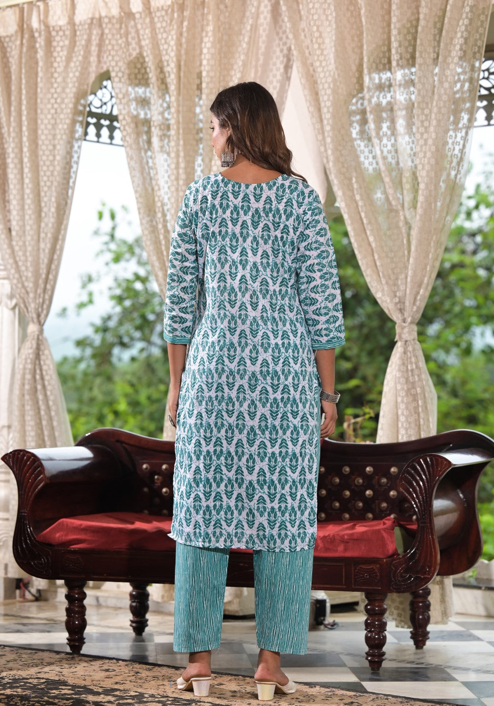 Juniper Women's Sea Green Ethnic Motif Printed Cotton Kurta, Pant And Dupatta Set With Lace & Buttons