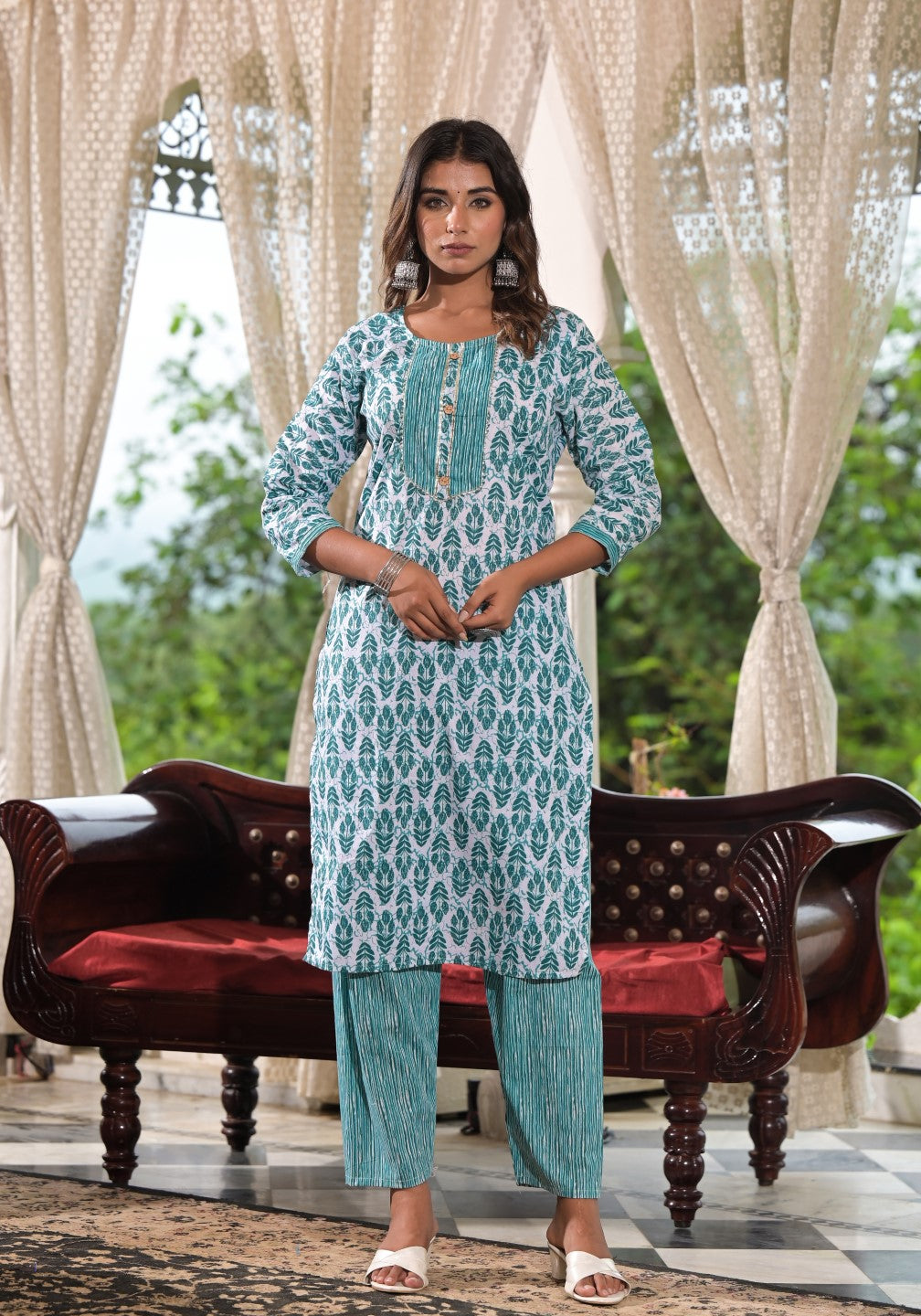 Juniper Women's Sea Green Ethnic Motif Printed Cotton Kurta, Pant And Dupatta Set With Lace & Buttons