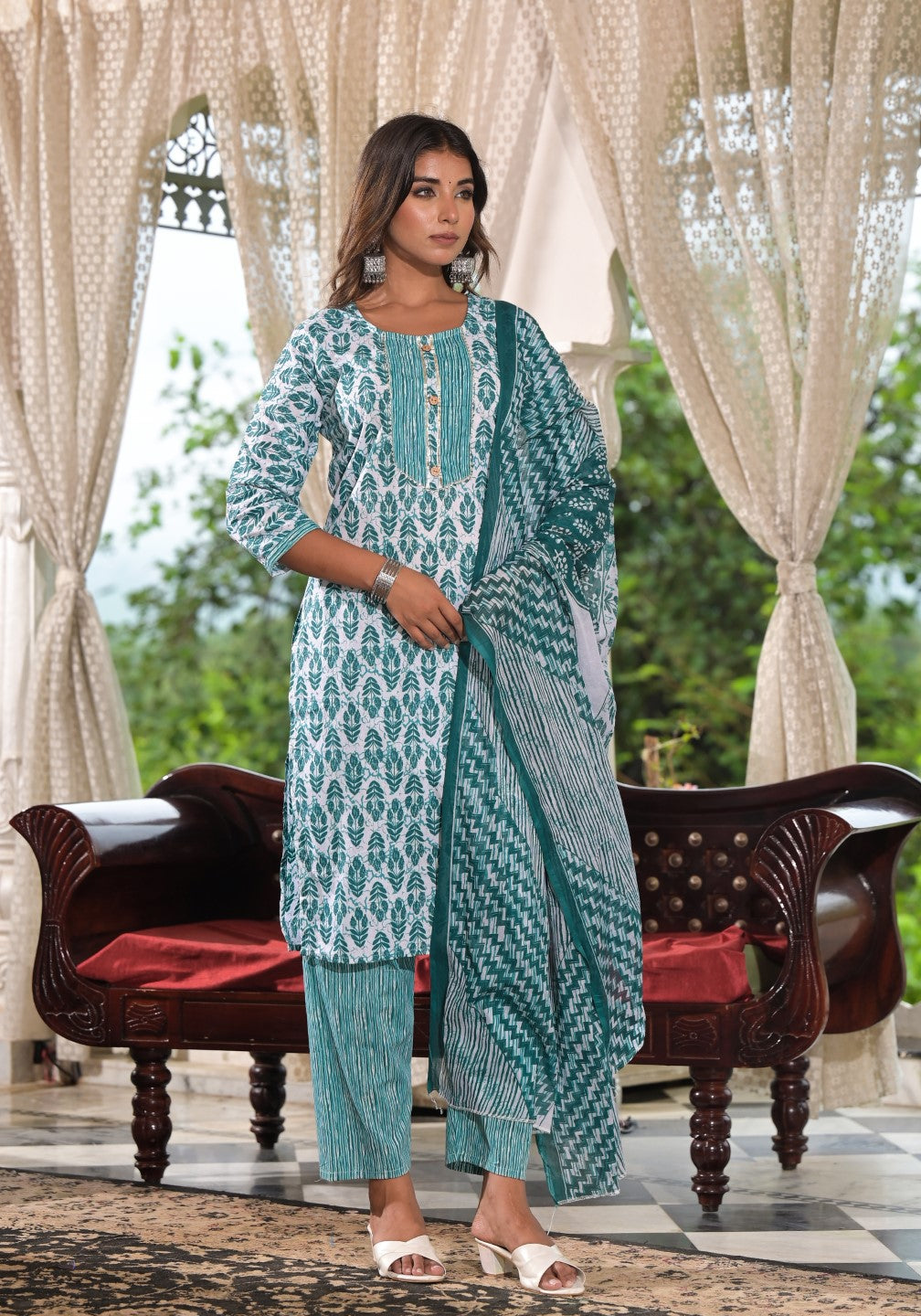 Juniper Women's Sea Green Ethnic Motif Printed Cotton Kurta, Pant And Dupatta Set With Lace & Buttons