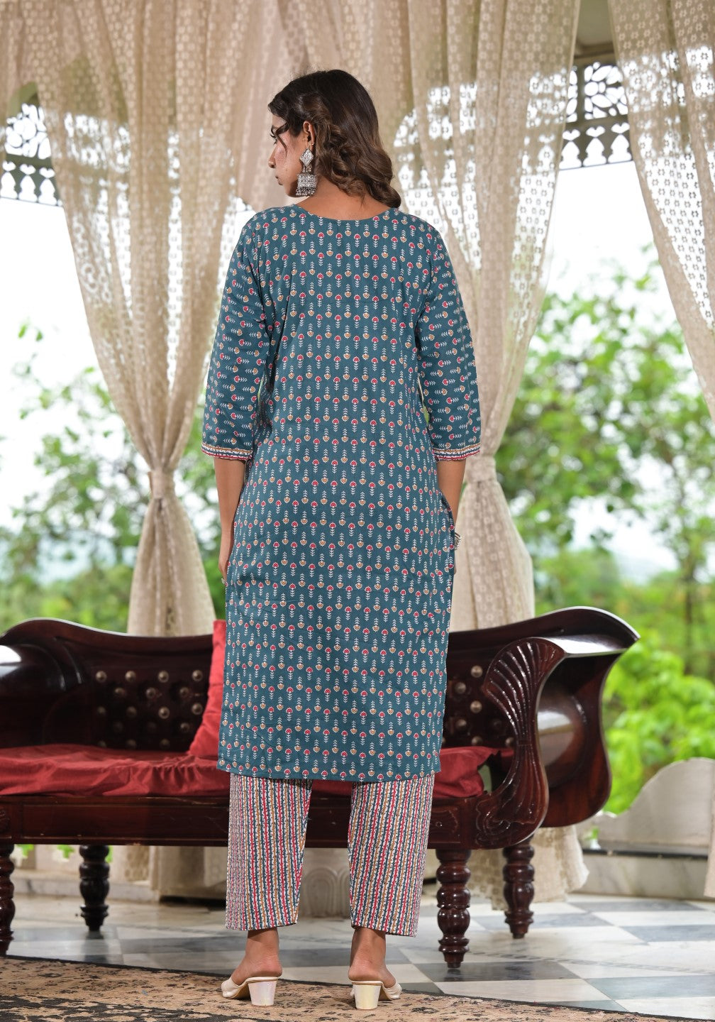 Juniper Women's Teal Blue Ethnic Motif Printed Cotton Kurta, Pant And Dupatta Set With Zari & Thread Work