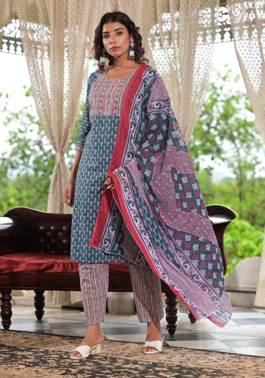 Juniper Women's Teal Blue Ethnic Motif Printed Cotton Kurta, Pant And Dupatta Set With Zari & Thread Work