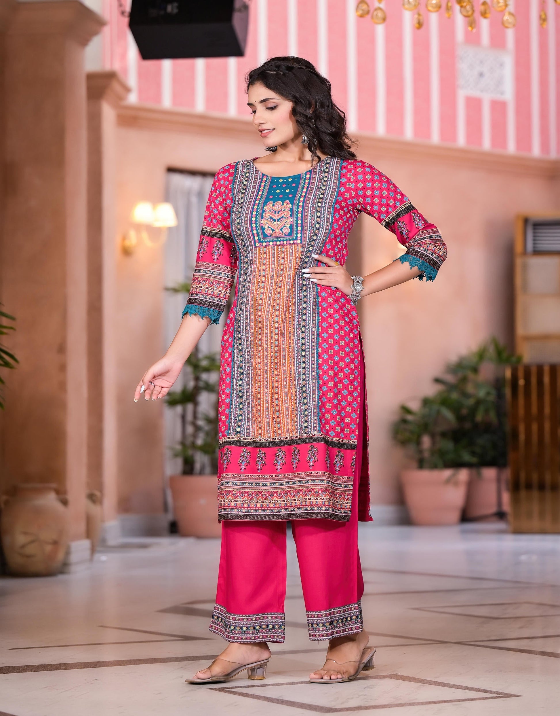 Juniper Women's Fuchsia Ethnic Motif Printed Rayon Kurta Set With Thread & Mirror Work