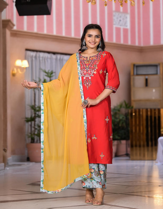 Juniper Women's Multi Color Floral Printed Viscose Kurta Set With Mirror & Thread Work