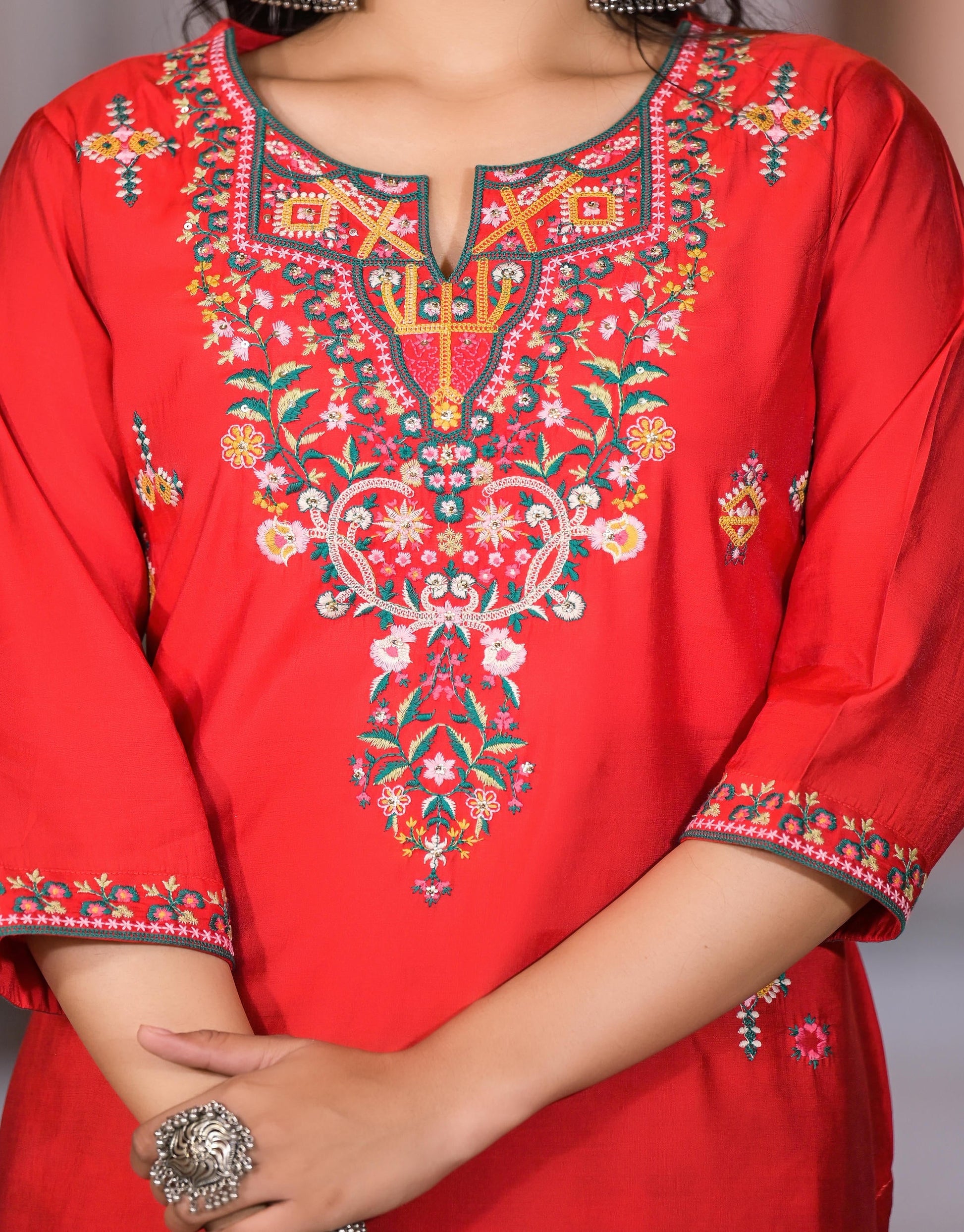 Juniper Women's Multi Color Floral Printed Viscose Kurta Set With Mirror & Thread Work