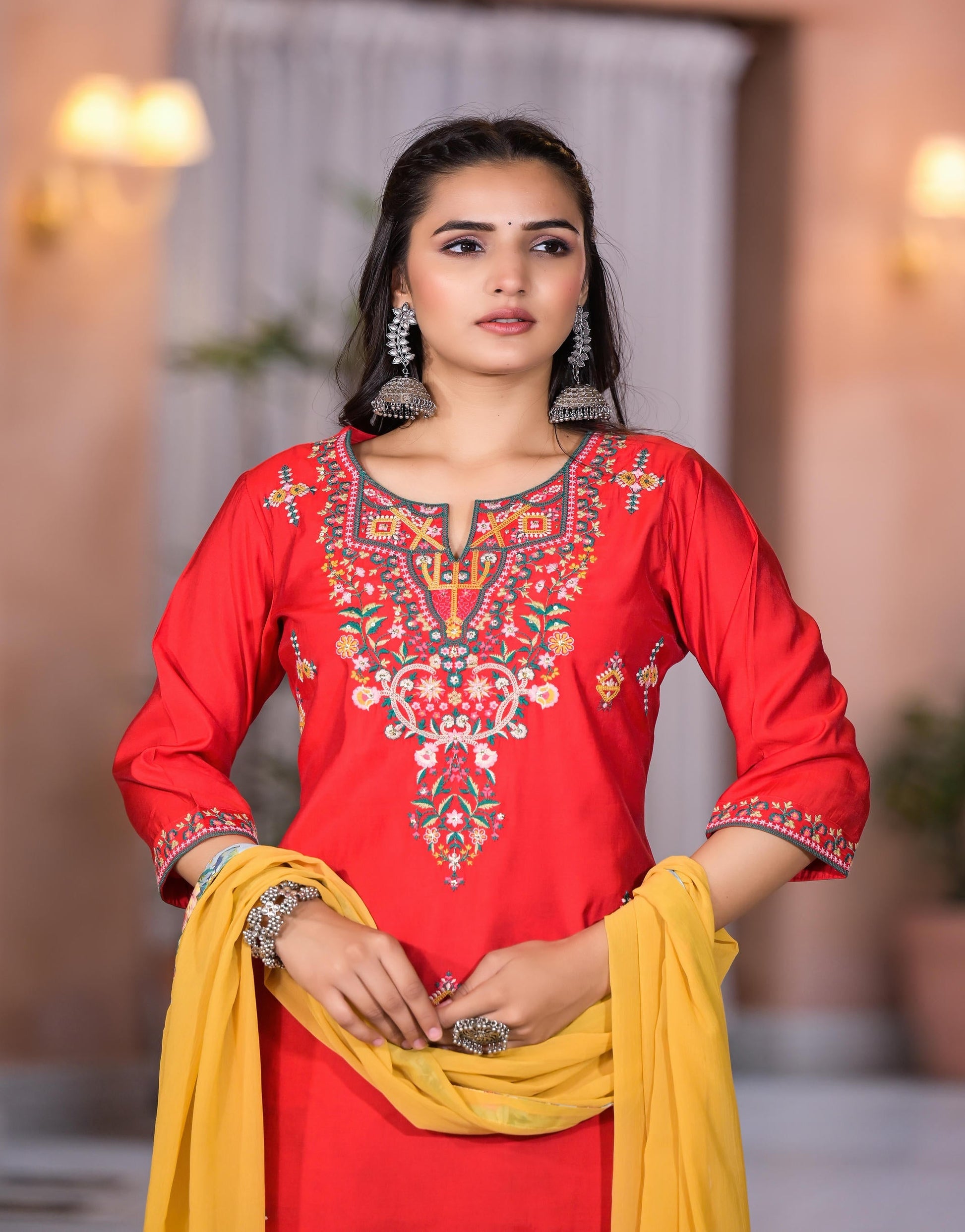 Juniper Women's Multi Color Floral Printed Viscose Kurta Set With Mirror & Thread Work