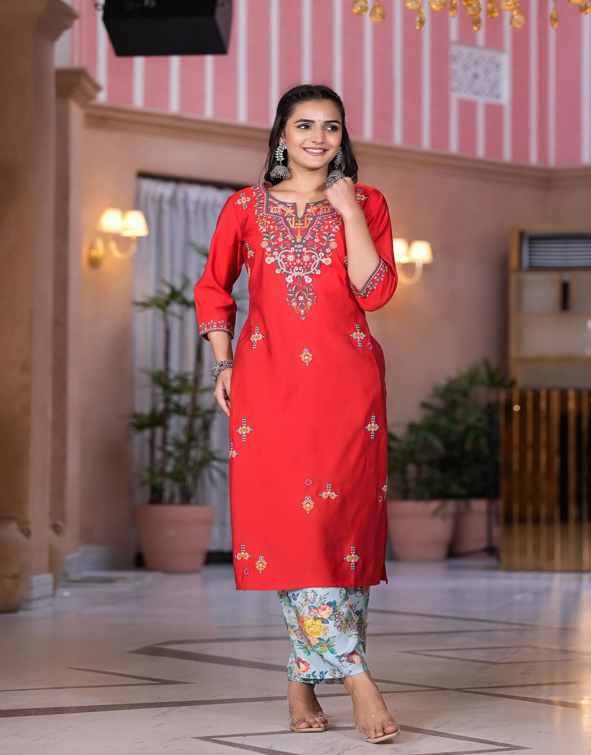 Juniper Women's Multi Color Floral Printed Viscose Kurta Set With Mirror & Thread Work