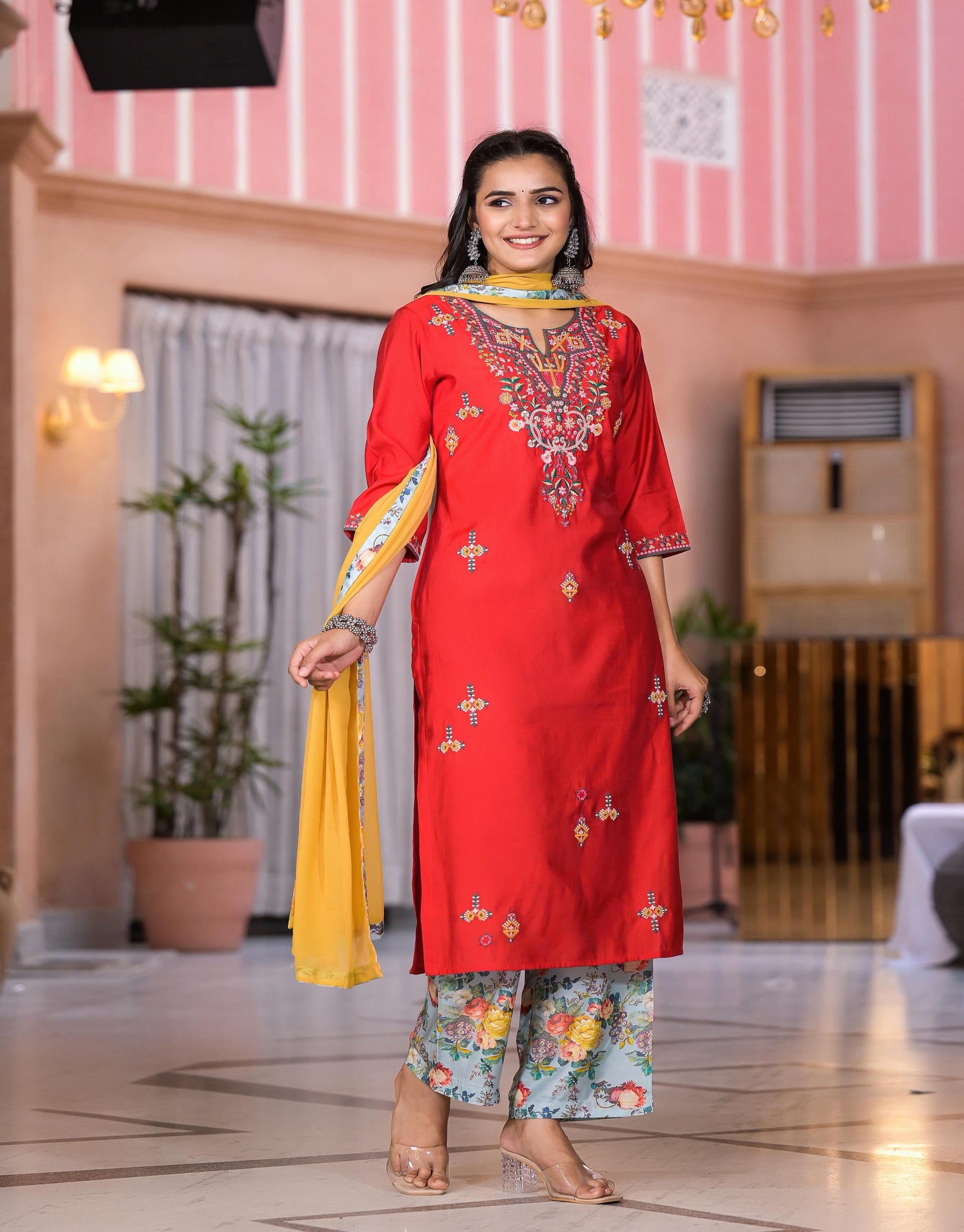 Juniper Women's Multi Color Floral Printed Viscose Kurta Set With Mirror & Thread Work