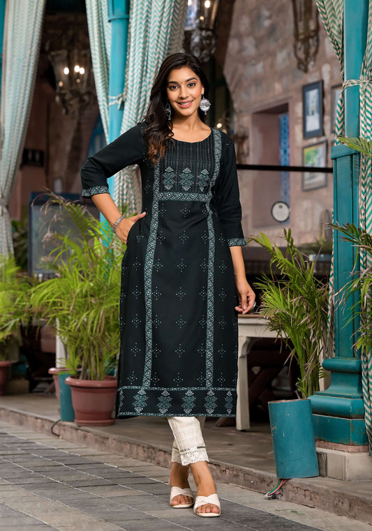 Juniper Women's Bottle Green Ethnic Motif Printed Rayon Kurta With Straight Hemline