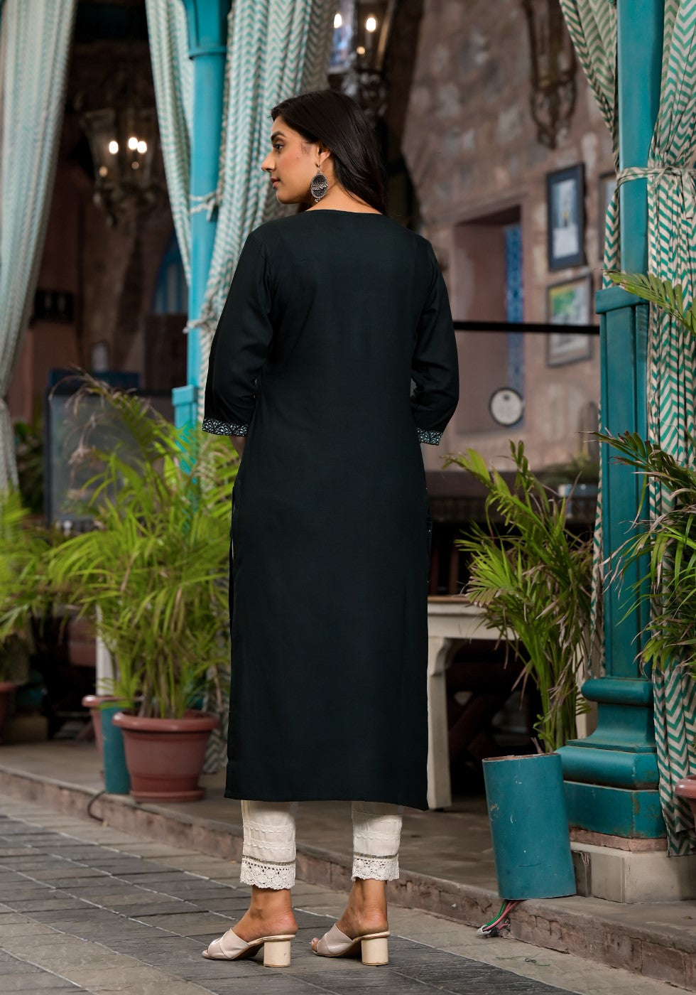 Juniper Women's Bottle Green Ethnic Motif Printed Rayon Kurta With Straight Hemline
