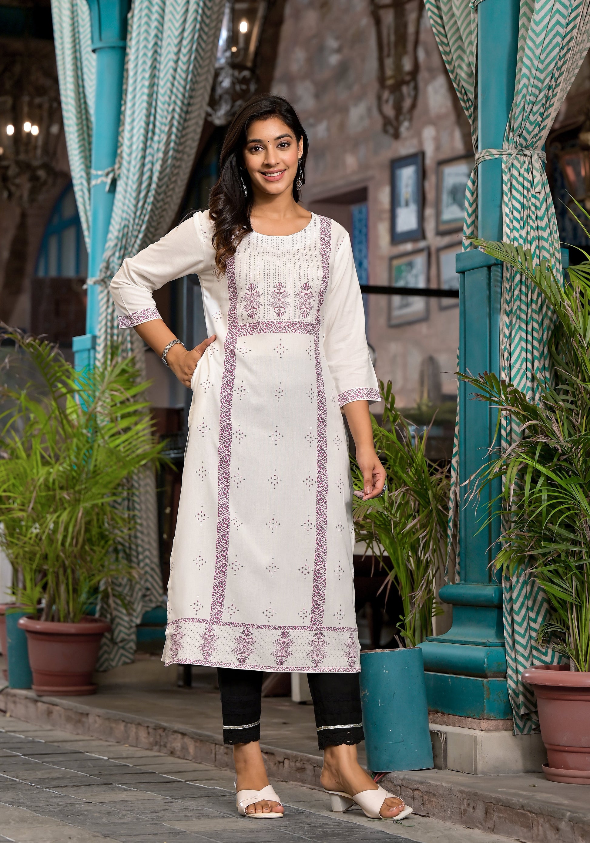 Juniper Women's White Ethnic Motif Printed Rayon Round NeckKurta With Straight Hemline