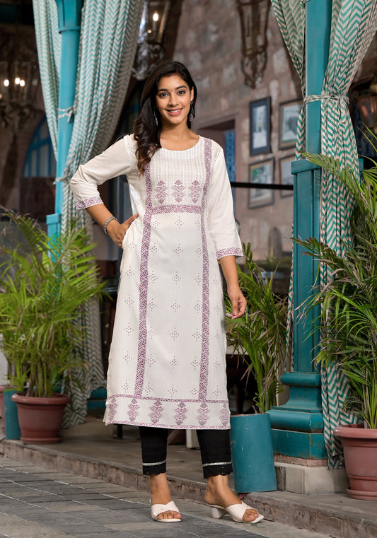 Juniper Women's White Ethnic Motif Printed Rayon Round NeckKurta With Straight Hemline