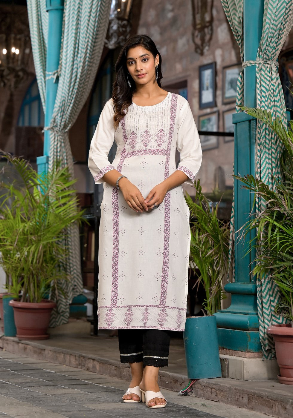 Juniper Women's White Ethnic Motif Printed Rayon Round NeckKurta With Straight Hemline