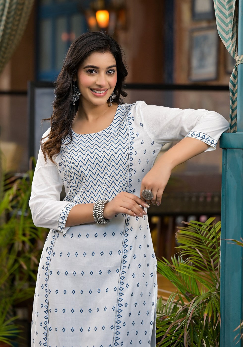 Juniper Women's White Ethnic Motif Printed Rayon Kurta With Straight Hemline