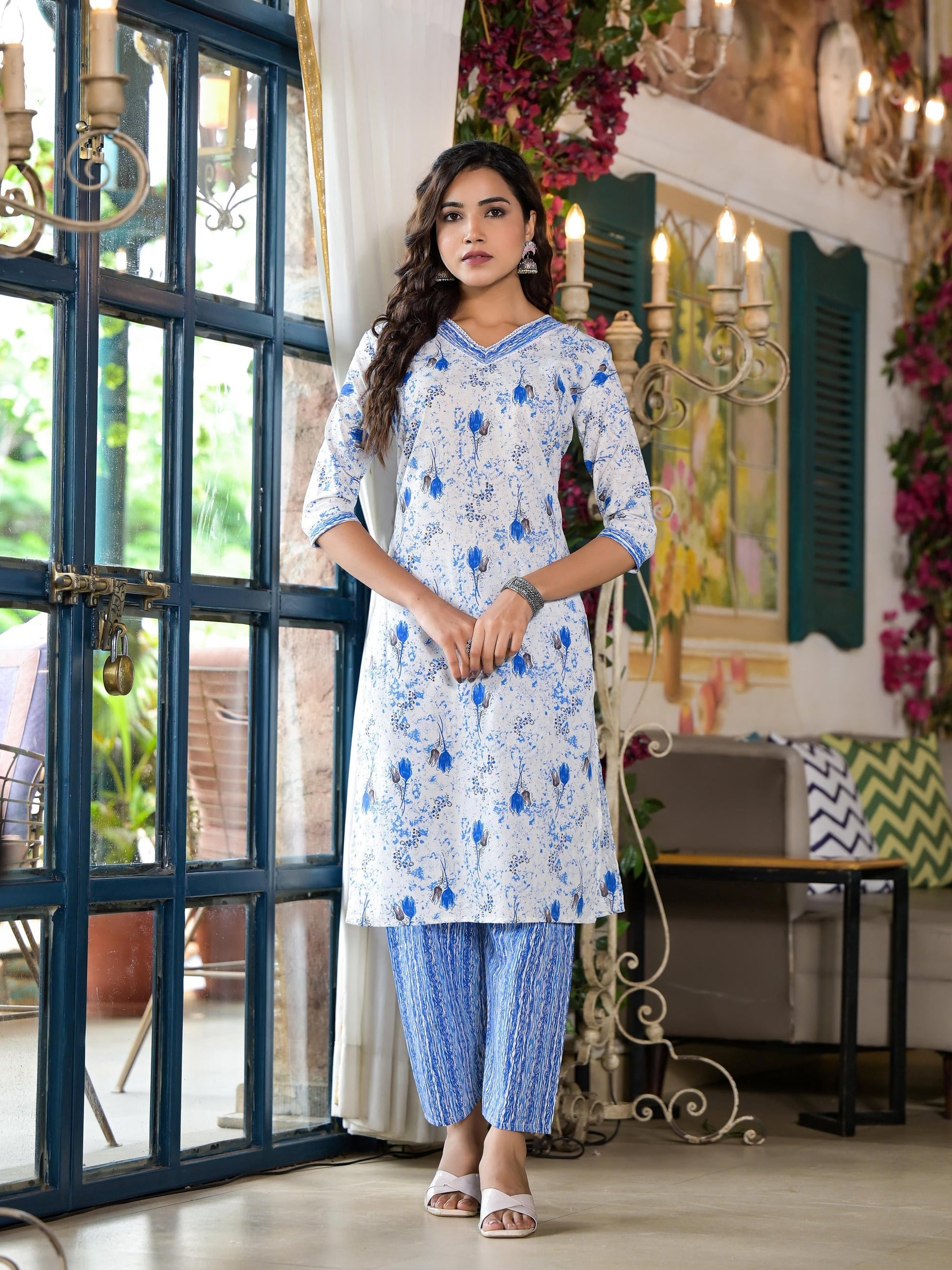 Juniper Women's Blue Floral Printed Cotton Kurta & Pant Set With Lace | Grab2Buy