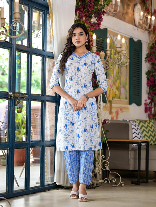 Juniper Women's Blue Floral Printed Cotton Kurta & Pant Set With Lace | Grab2Buy
