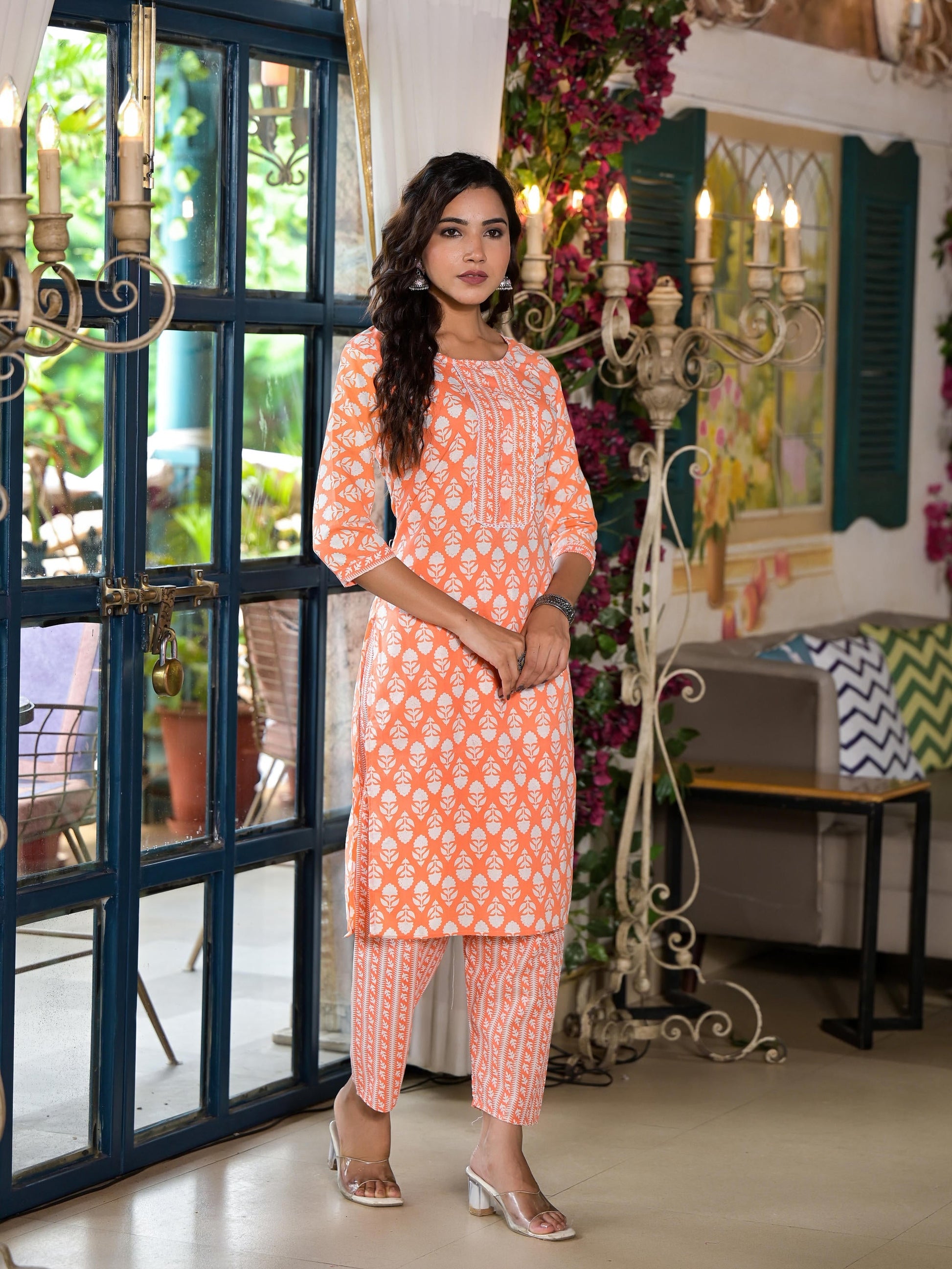 Juniper Women's Orange Ethnic Motif Printed Cotton Kurta & Pant Set With Lace