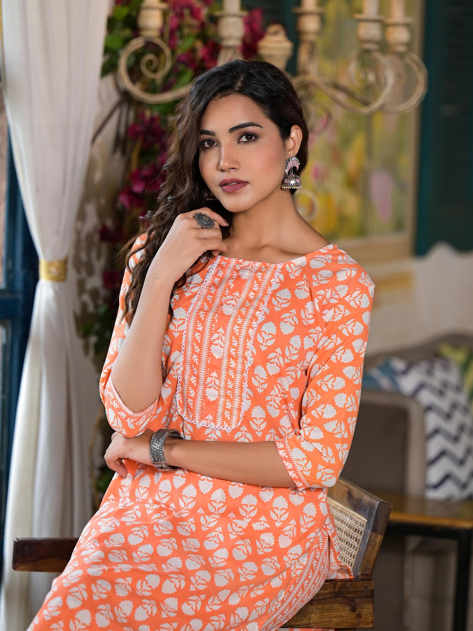 Juniper Women's Orange Ethnic Motif Printed Cotton Kurta & Pant Set With Lace