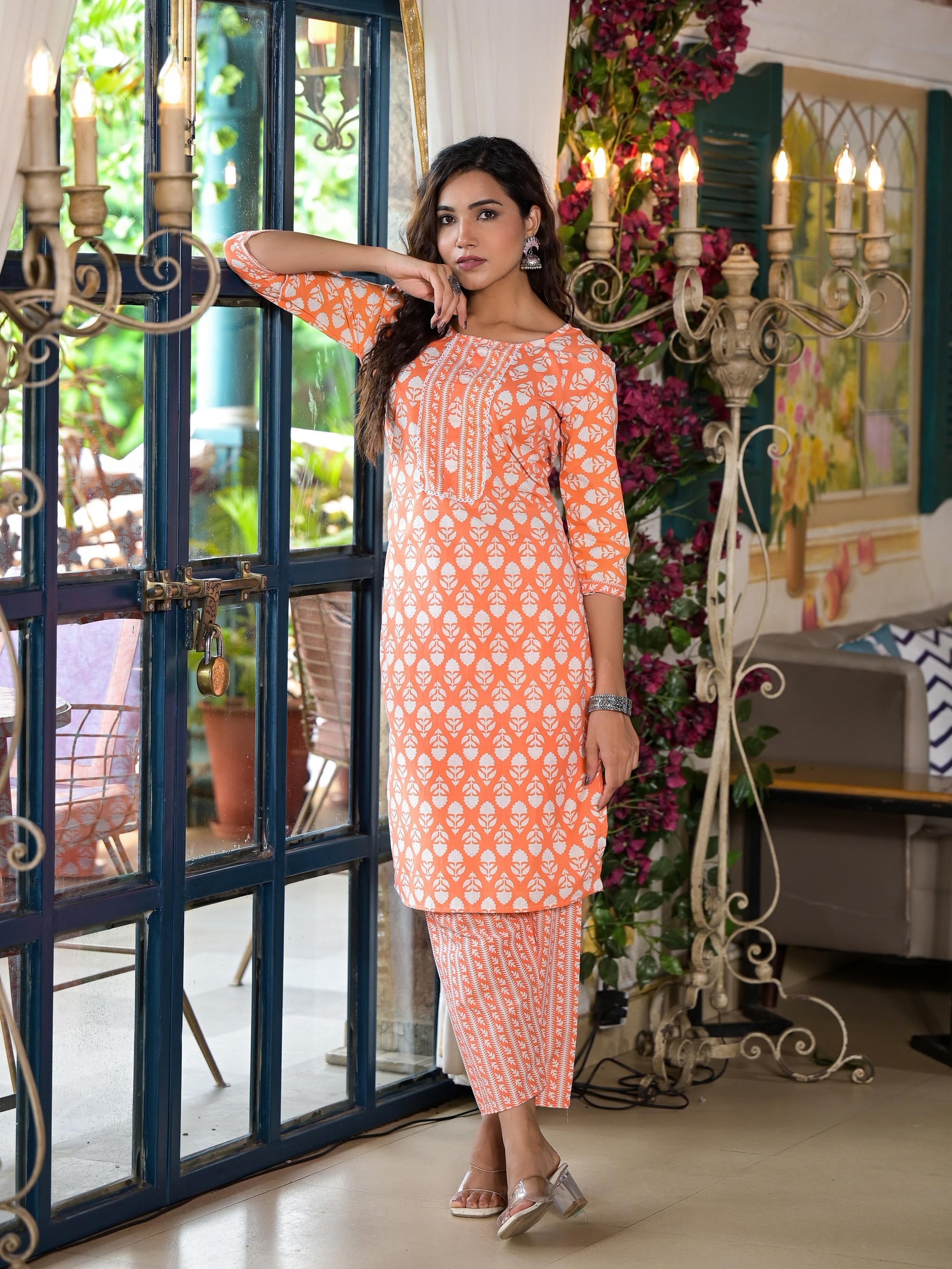 Juniper Women's Orange Ethnic Motif Printed Cotton Kurta & Pant Set With Lace
