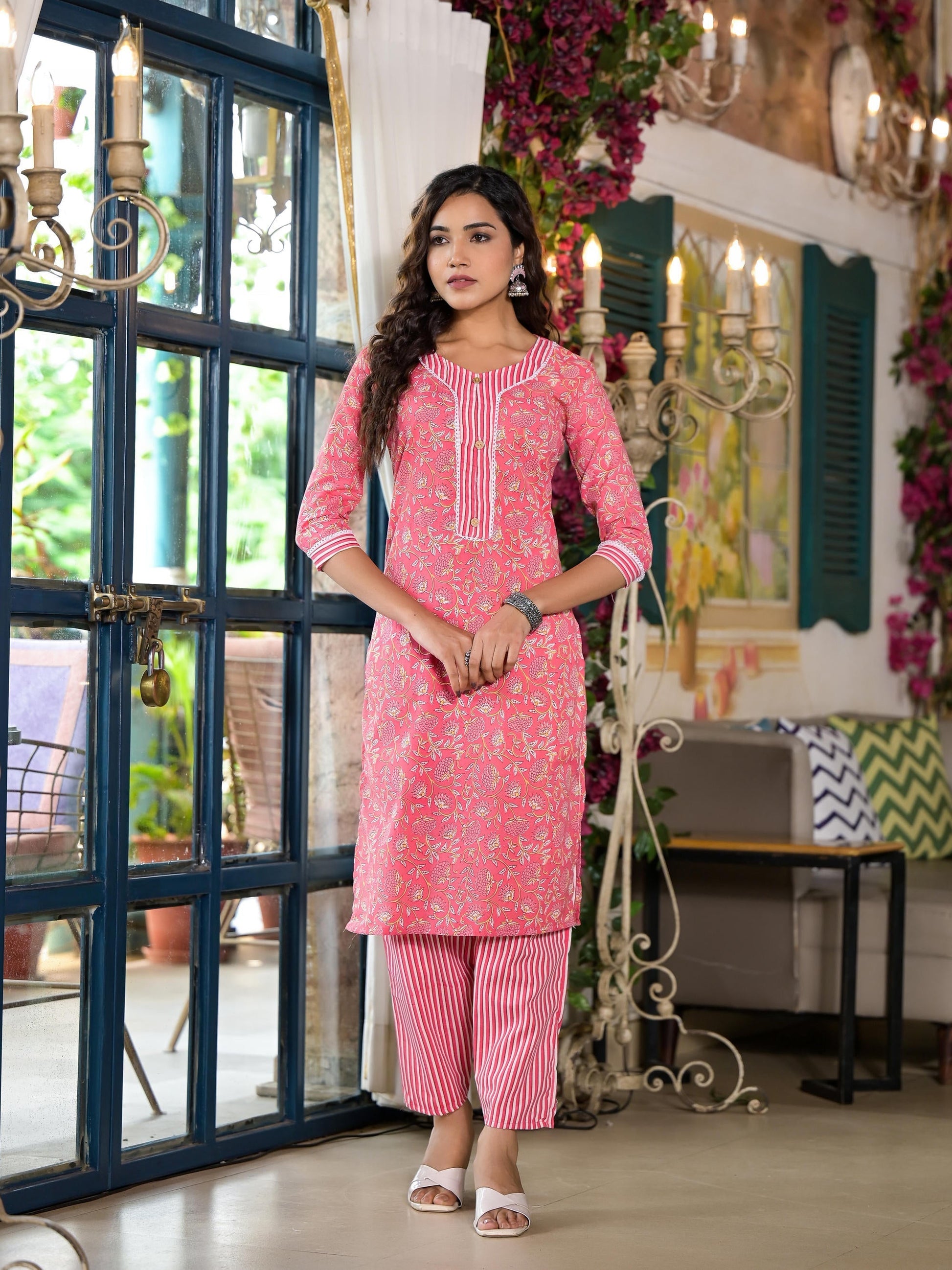 Juniper Women's Peach Floral Printed Cotton Kurta & Pant Set With Lace & Buttons | Grab2Buy