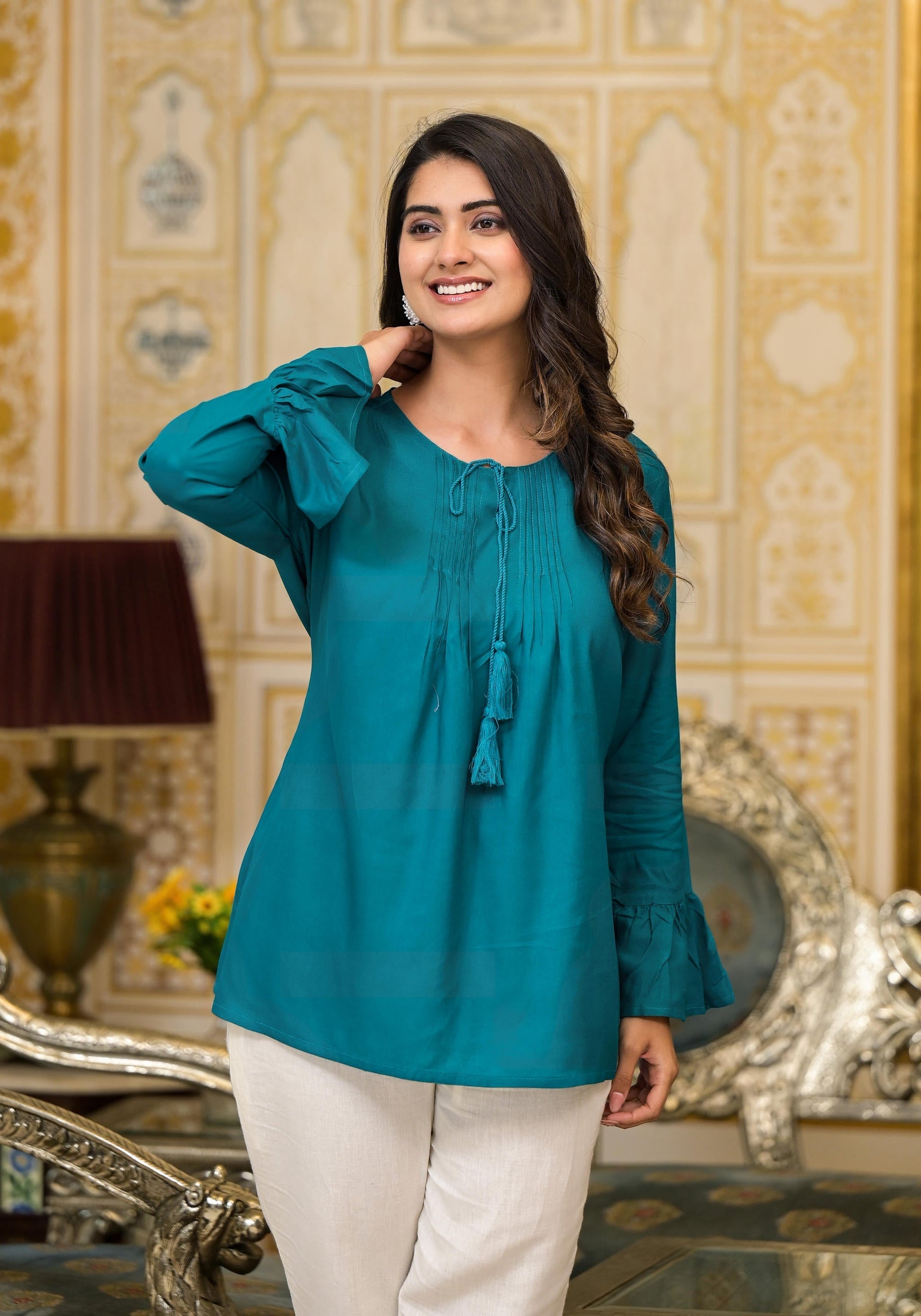 Juniper Teal Solid Rayon Top With Tassels &Doris