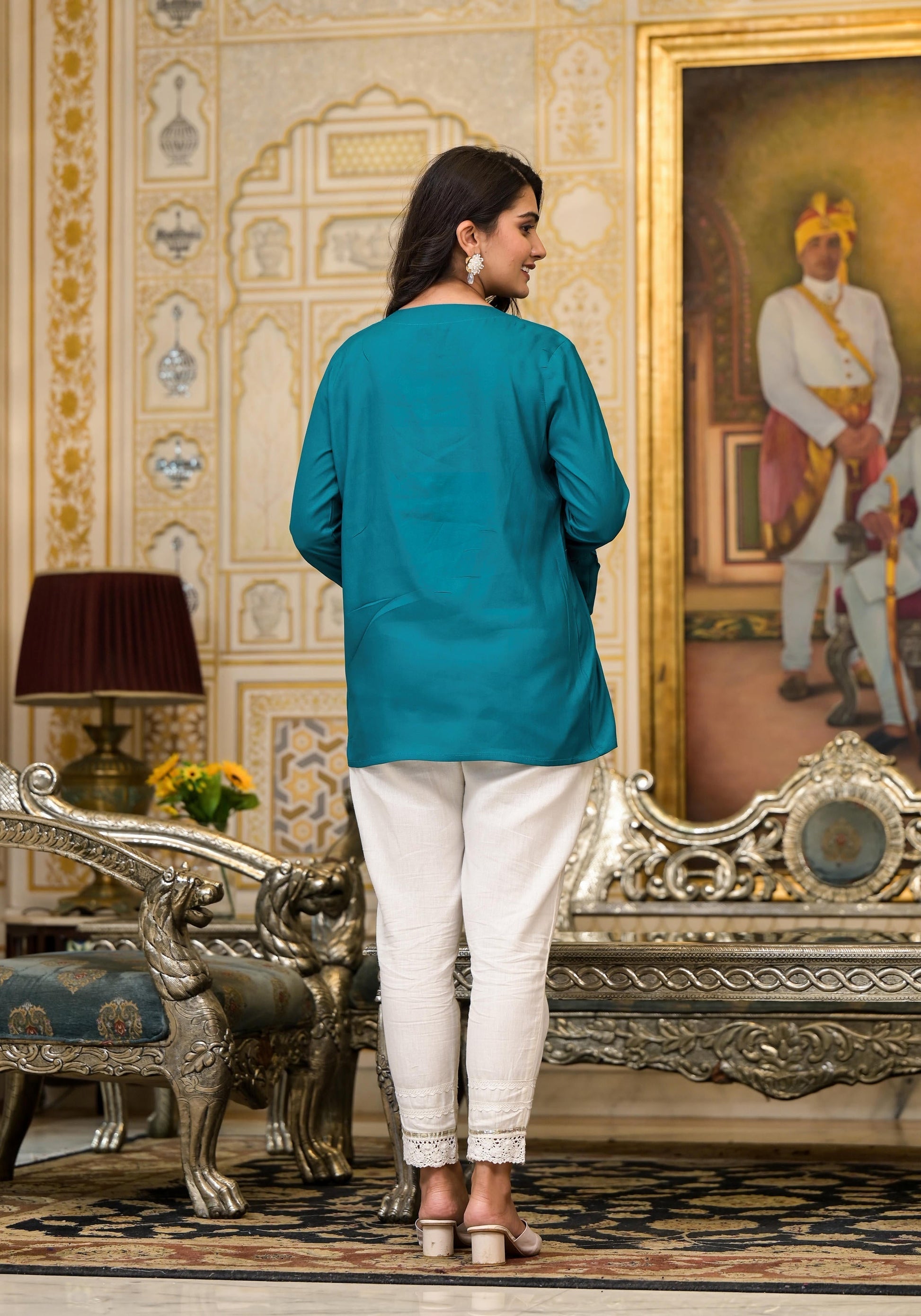 Juniper Teal Solid Rayon Top With Tassels &Doris