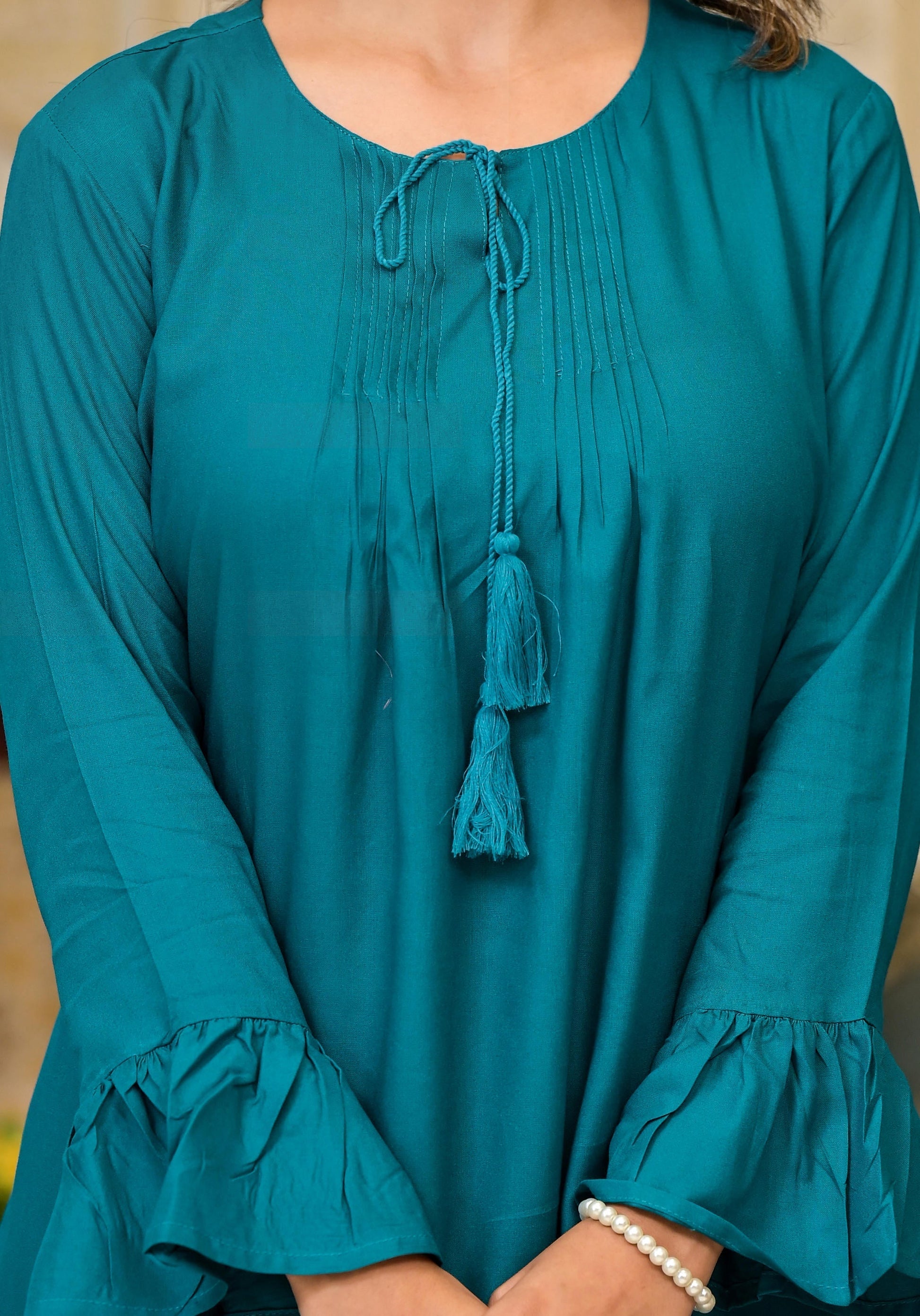 Juniper Teal Solid Rayon Top With Tassels &Doris