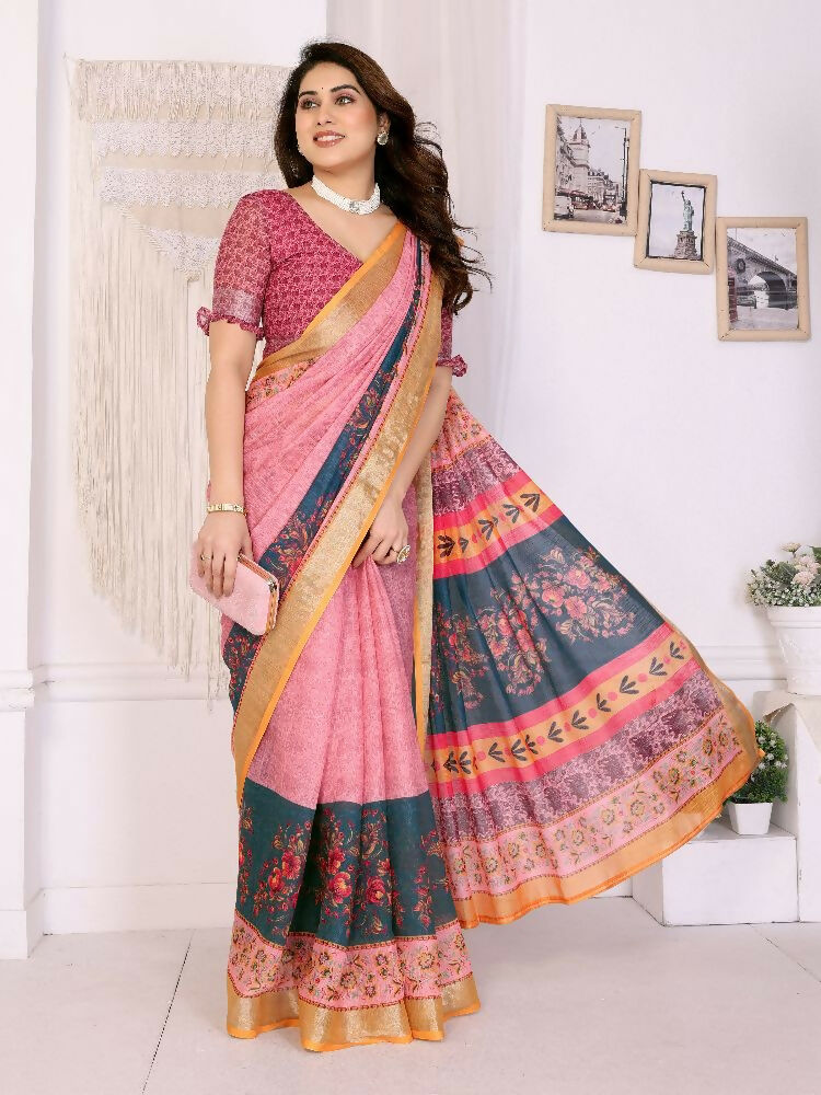 PR Fashion Orange Handloom Linen Cotton Zari Saree