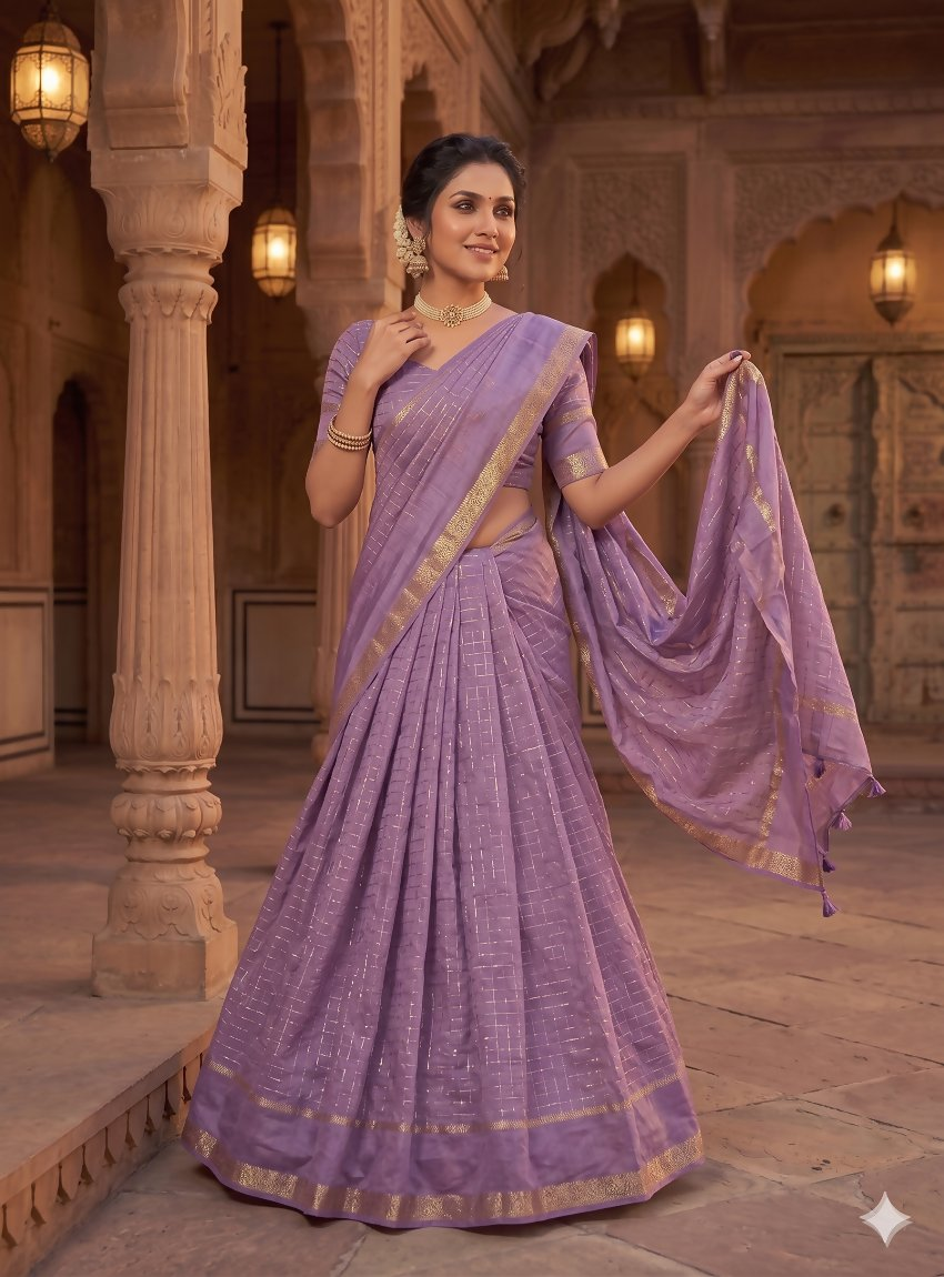 Teeya Creation New South Indian Silk Checked Half Saree Lehenga Choli with Zari Border-Lavender
