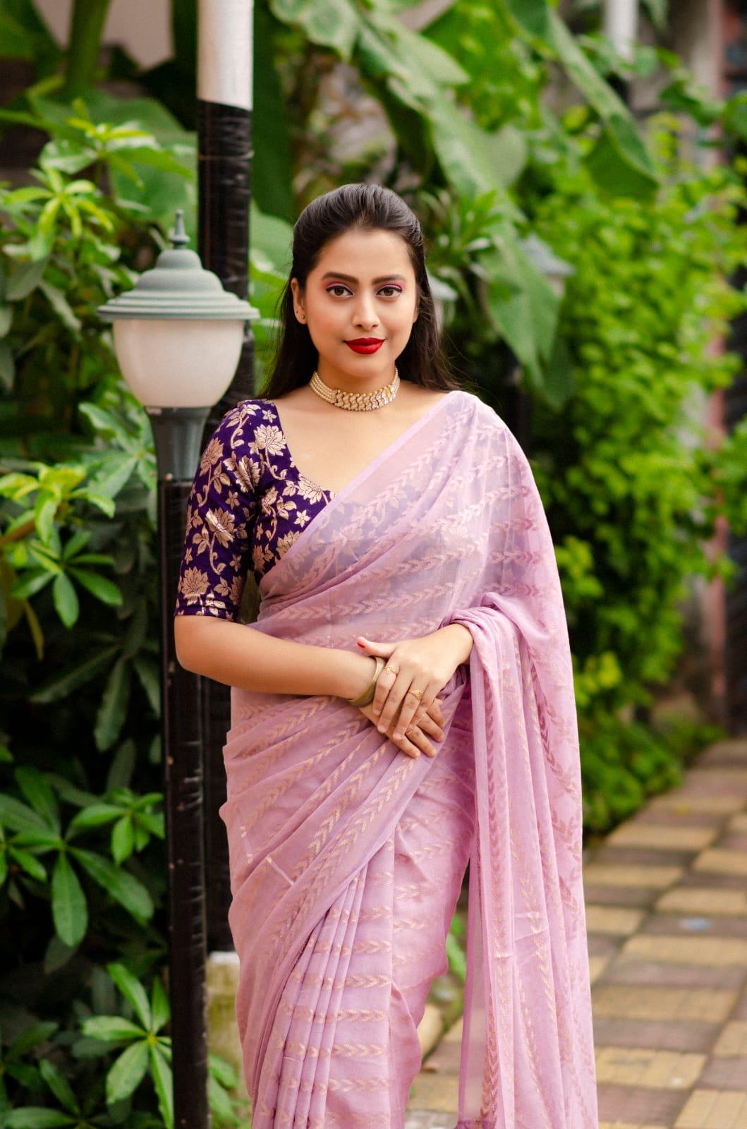 Onion Poly Crepe Tie And Dye Saree with Unstitched Blouse - A2M