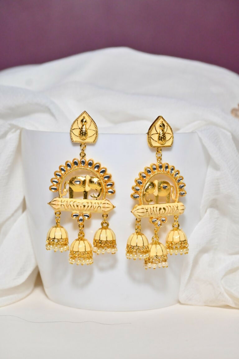 Beige Traditional Gold-Polished Elephant Design Kundan Jhumka Jhumki Earrings Indian Jewellery For Women & Girls By House of Ree House of Ree