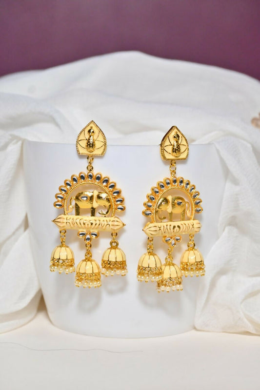 Beige Traditional Gold-Polished Elephant Design Kundan Jhumka Jhumki Earrings Indian Jewellery For Women & Girls By House of Ree House of Ree