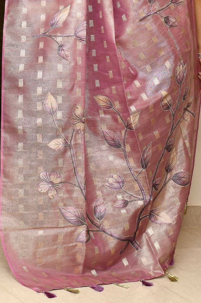 Joban Fashion Purple Saree Tissue Zari Buti Allover Applick With Contrast Blouse