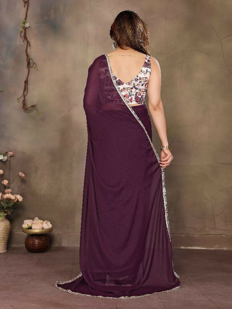 PR Fashion Wine Star Georgette Solid Georgette With Mirror Border Saree