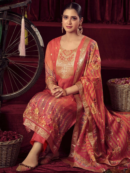 Aastha Fashion Women's Orange Organza Jacquard Woven Kurta with Trouser & Dupatta - Grab2buy