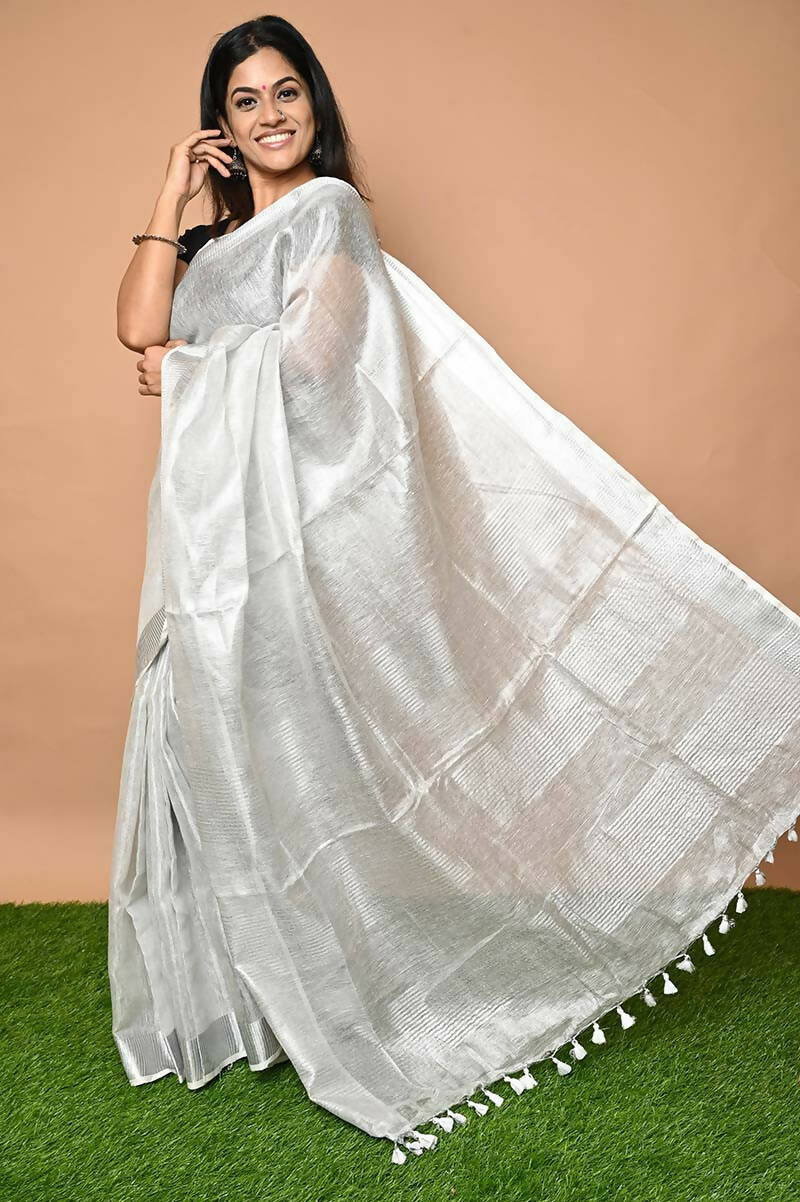 Very Much Indian Pure Linen Saree With Sleek Border And Exclusive Design - White - Grab2buy