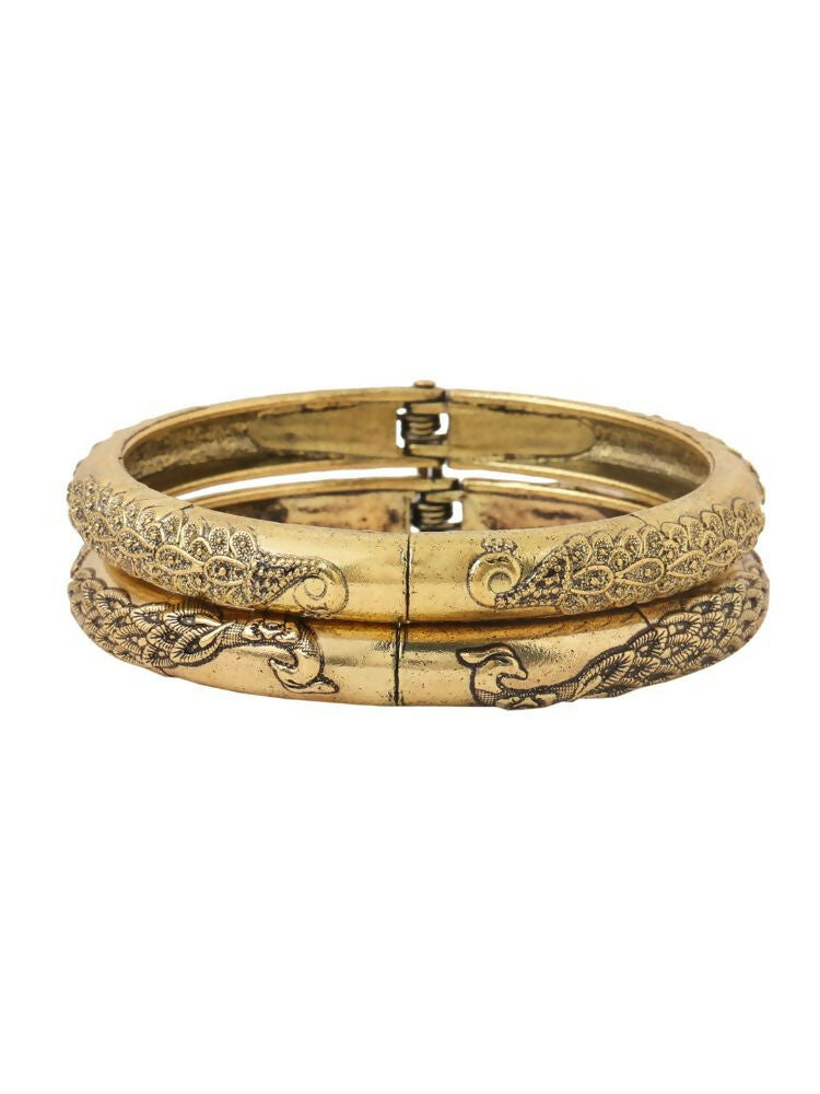 NVR Women Set of 2 Gold-Polished Leaf Design Oxidised Bangles 