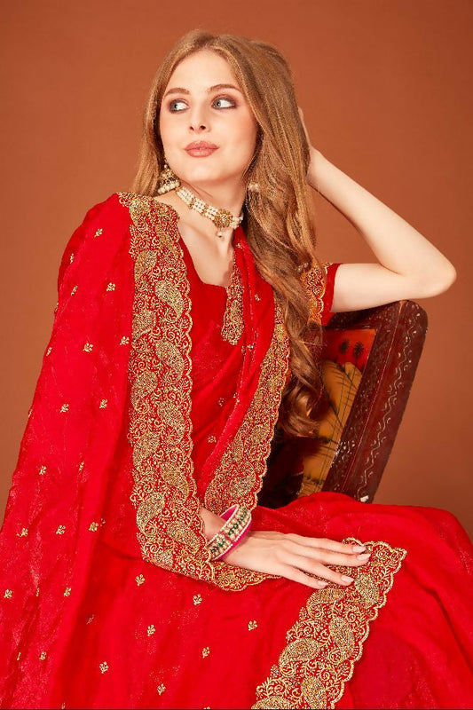 PR Fashion Red Fendi Two Tone Silk Heavy Zari Embroidery Work With Heavy Siroski Work Saree