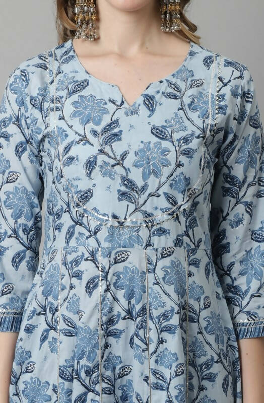 Aastha Fashion Women's Sky Blue Cotton Jaipuri Printed Kurta with Trouser & Dupatta - Grab2buy