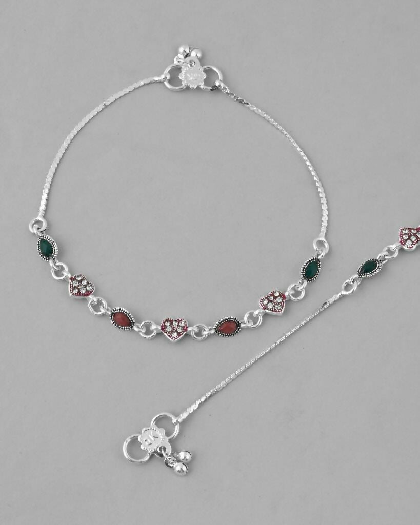 VOJ Set of 2 Silver Plated Heart Shaped Multi Color Anklet 