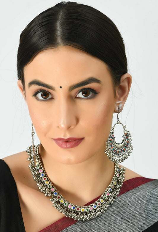 Mominos Fashion Johar Kamal Oxidised Silver-Plated Meena Work Choker Set - Grab2buy
