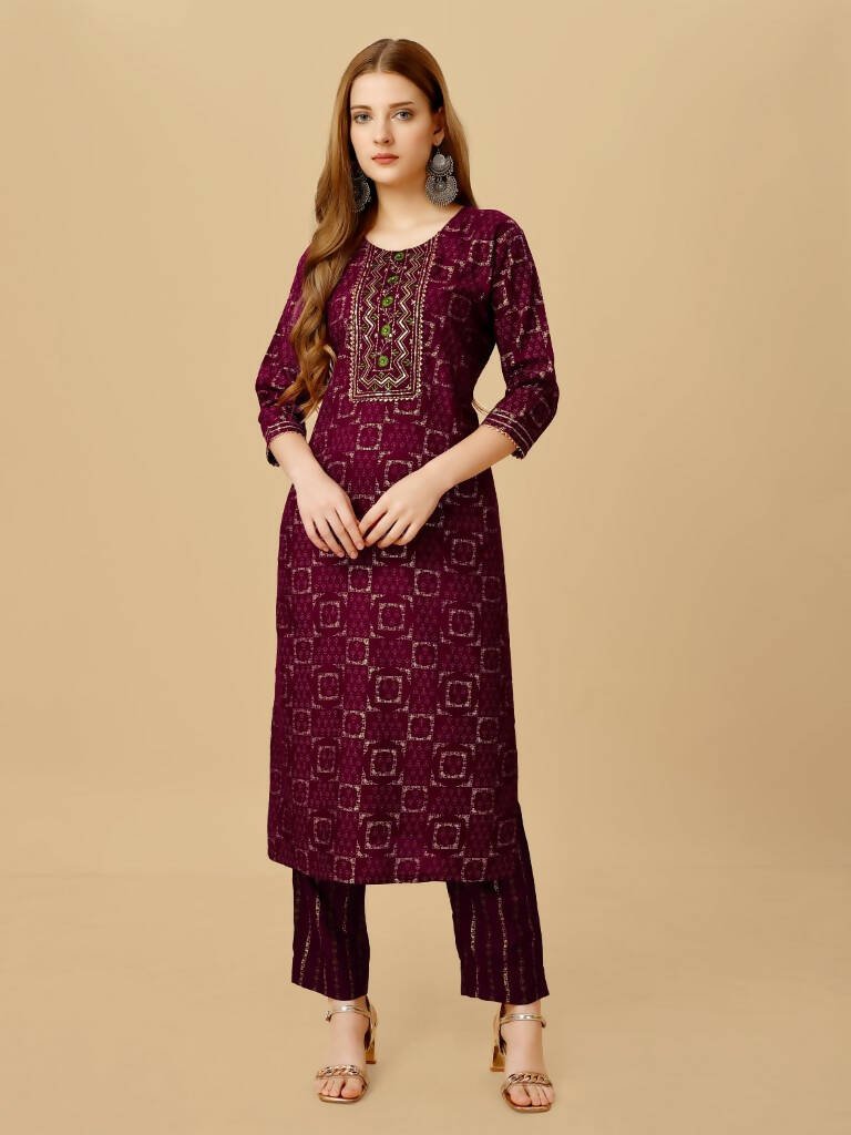 Aastha Fashion Women's Wine Viscose Rayon Embroidered Kurta Pant Set - Grab2buy