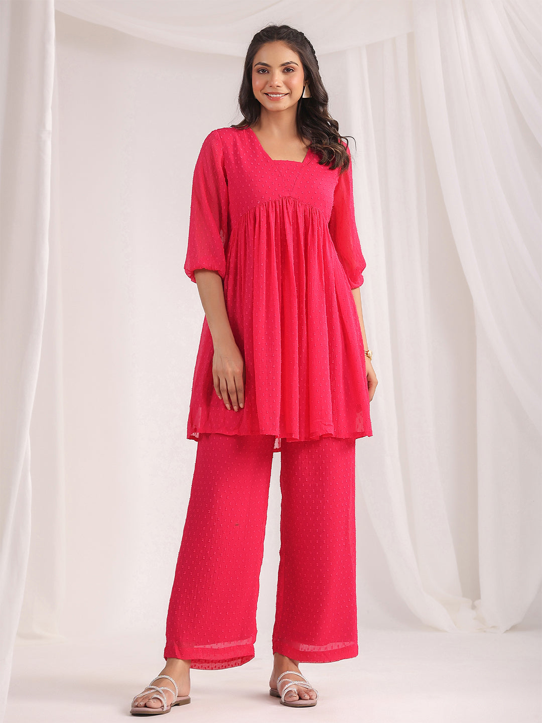 Janasya From Style Master Dobby Georgette Self Design Gathered Top & Bottom Set 
